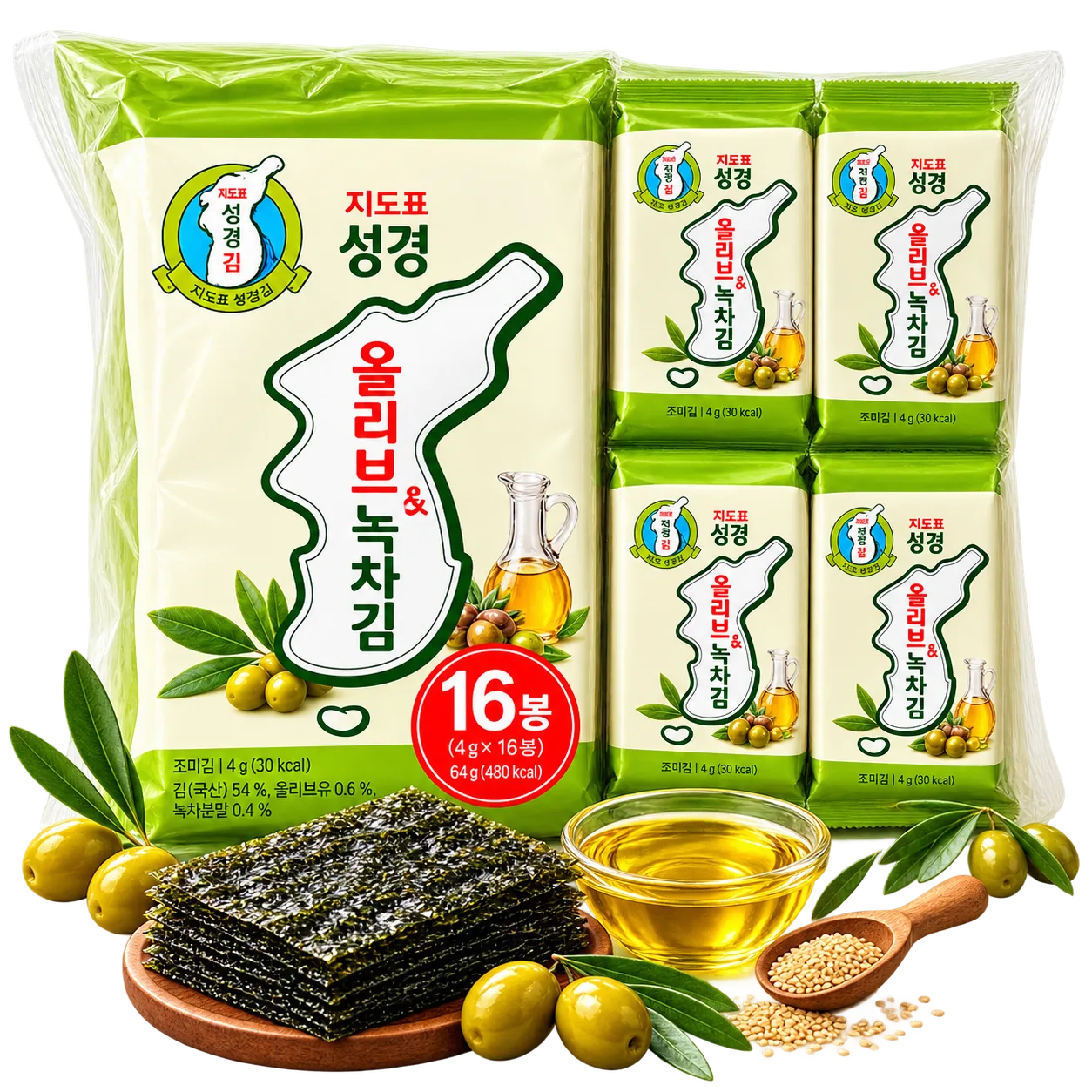 Rong Biển Miếng Ăn Liền Vị Oliu và Trà Xanh Sung Gyung – Bịch 16 gói